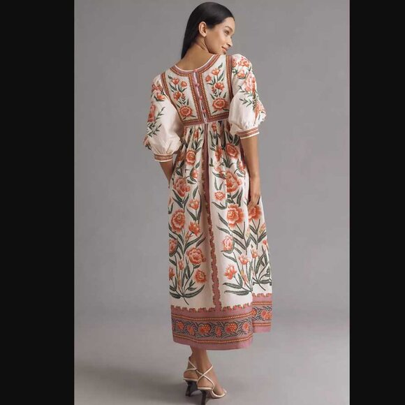 New XXS Farm Rio x Anthropologie puff-sleeve printed midi dress - Picture 2 of 11